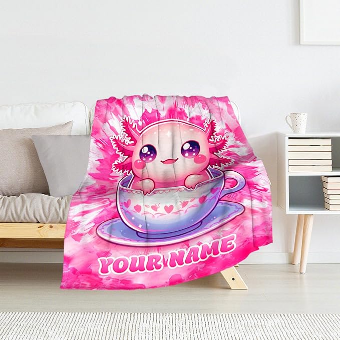Personalized Axolotl Blanket Gifts - 60" x 80" Inches Cute Throw Blankets for Adult, Women - Pink Cozy Flush Girls Throw for Sofa, Bed & Living Room