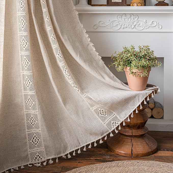 ENJOYBRIDAL Beige Curtains Crochet Lace Patchwork Drapes Curtains 63 Inch Length 2 Panels Tassel Rod Pocket Short Semi-Sheer Boho Bedroom Living Room Farmhouse Rustic Window Curtain Panels