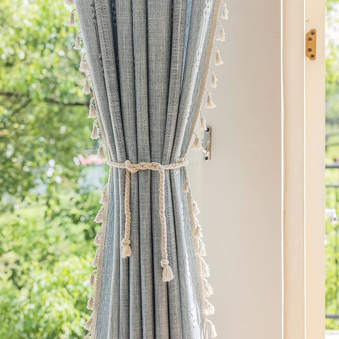 ENJOYBRIDAL Boho Curtains 84 Inch Length 2 Panels Semi Sheer Blue Grey Drapes Embroidered Tassel Rod Pocket Hollow Out Window Curtain Panels Farmhouse Window Treatment for Bedroom Living Room
