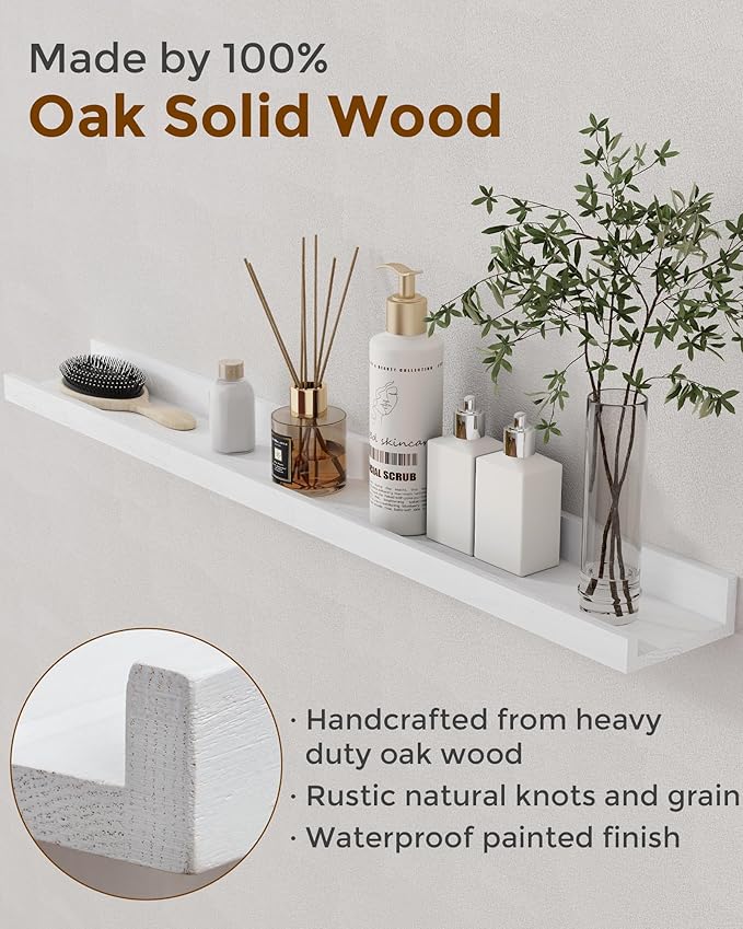 Axeman Oak Picture Ledge Shelf, 48 Inch Floating Shelves Set of 2, Solid Oak Wood Wall Shelves with Lip, Wall Decor Storage for Bedroom Living Room Bathroom Kitchen Nursery Photo Picture, White