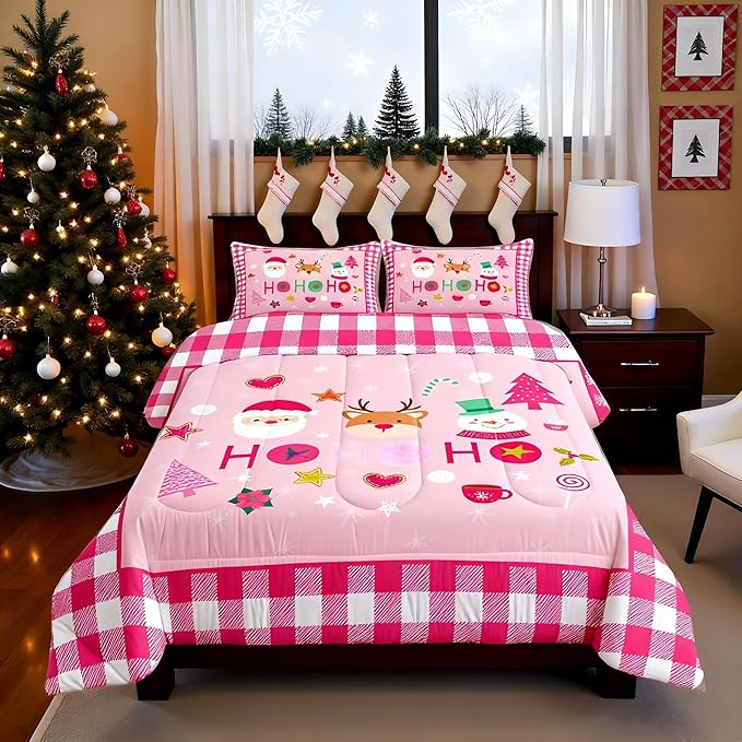 Merry Christmas Kids Comforter Set Full Size,Cartoon Santa Claus Snowman Deer Bedding Set,Boys Girls Adults Room Decor,Geometric Grids Fashion Down Comforter,Pink Xmas Duvet Insert,2 Pillowcases