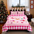 Merry Christmas Kids Comforter Set Full Size,Cartoon Santa Claus Snowman Deer Bedding Set,Boys Girls Adults Room Decor,Geometric Grids Fashion Down Comforter,Pink Xmas Duvet Insert,2 Pillowcases