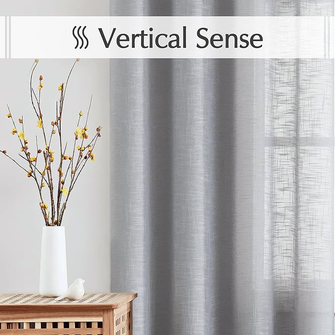 FMFUNCTEX Linen Semi Sheer Curtains for Bedroom, Grey Curtains 72 Inch Length for Living Room, Country Farmhouse Sheer Drapes, Light Filtering Window Curtain, Grommet Top 2 Panels