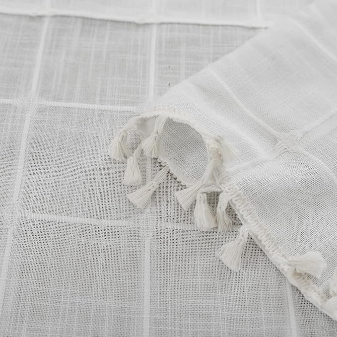 Deeprove White Boho Curtains for Bedroom 96 Inches Long, Cream Checkered Bohemian Chic Textured Embroidery Plaids, Vintage Handmade Tassels Country Decor Drapery, Rod Pocket, 1 Panel W52 x L96