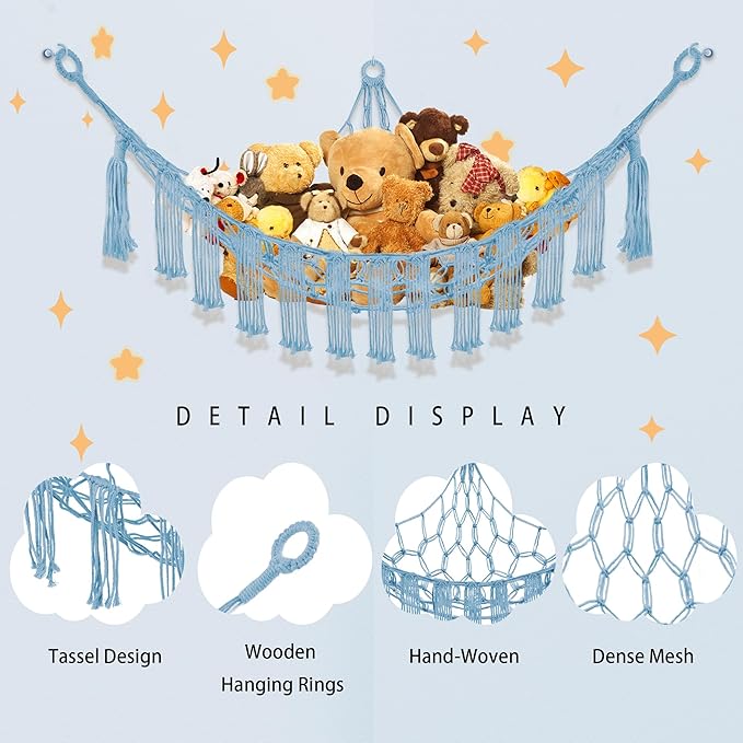 Stuffed Animal Hammock with LED Light, Large Stuffed Animals Storage Corner Plushie Net for Kids Room Decor, 2 Packs Baby Blue