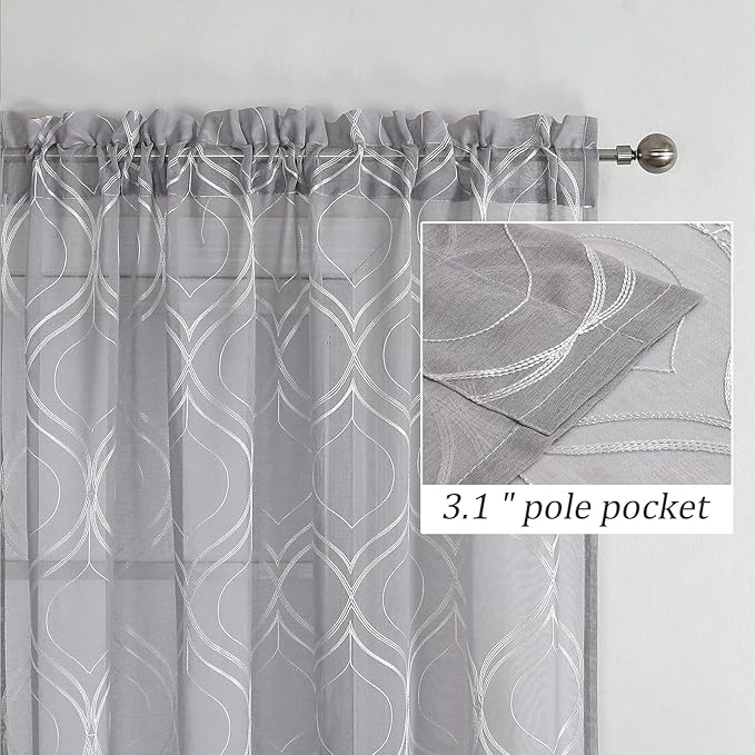 VISIONTEX Sheer Curtains 63 Inch Length 2 Panels Set Light Grey Moroccan Embroidered Curtains Trellis French Textured Rod Pocket Voile Tulle Semi Window Drapes for Bedroom Living Room 54 x 63 Inches