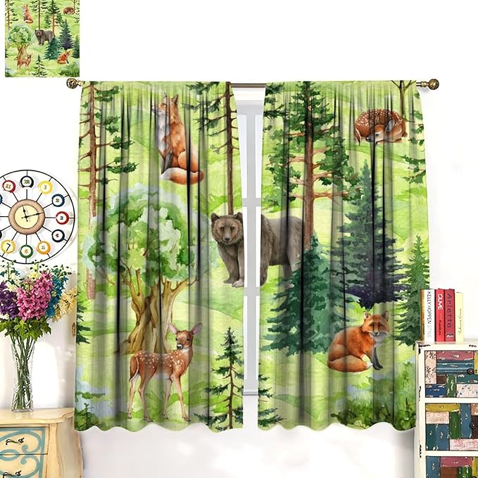 Woodland Animal Curtains, Watercolor Jungle Animals Fox Bear Pattern Blackout Window Treatments, Rod Pocket Thermal Insulated Drapes 2 Panel Sets for Kids Bedroom Nursery Classroom, 42" W X 45" L