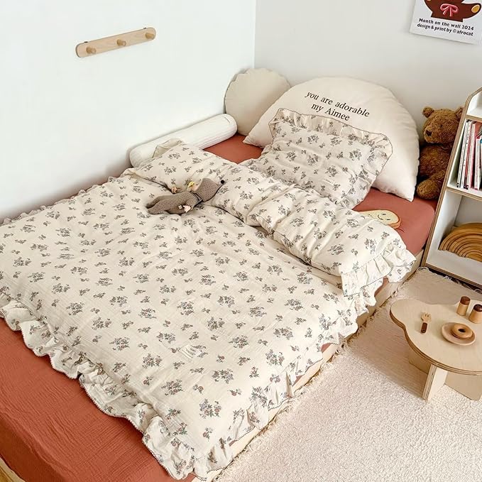BuLuTu Muslin Floral Duvet Cover for Toddler Girls, Chic Shabby Aesthetic Kids Duvet Covers with Ruffles, All Seasons Gauze Cotton Toddler Bed Comforter Cover with Zipper, 47"x59", No Pillowcases