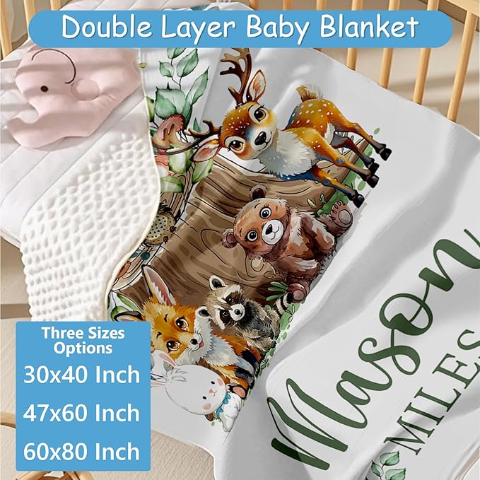Personalized Woodland Animals Crib Bedding Set, 5 Pcs Custom Name Bedding Crib Set for Baby Boys Girls, Double Layer Nursery Bedding, Baby Crib Set Customized Gift for Toddler Infant Kids