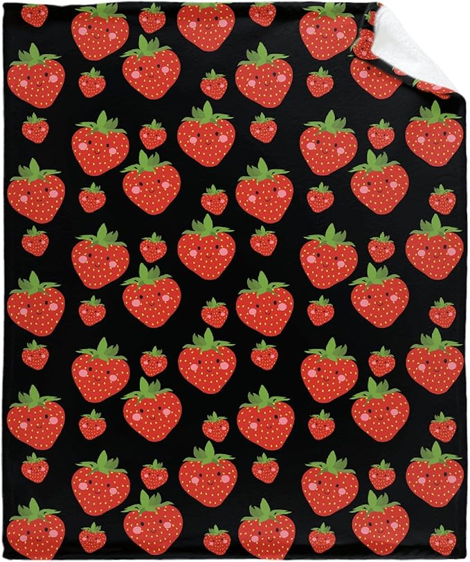 Thuswarm Cute Strawberry Kawaii Black Flannel Throw Blanket Warm Cozy Soft Funny Print Blankets for Bed Couch Sofa Room Decoration Gifts 40”×30” XSmall for Pets
