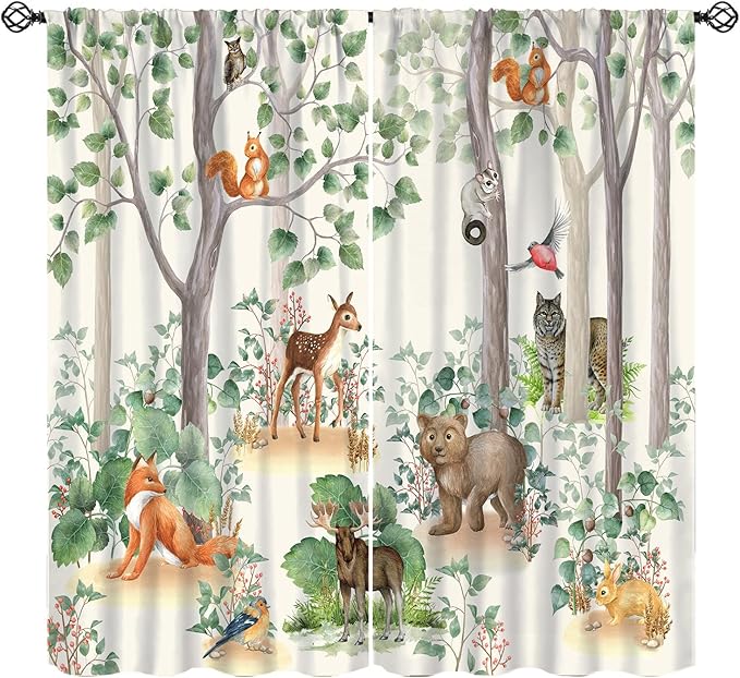 Woodland Animal Curtains, Cartoon Wild Rustic Forest Animals Pattern Window Treatments, Rod Pocket Thermal Insulated Drapes 2 Panel Sets for Kids Bedroom Nursery Classroom, 42" W X 45" L【Decor】
