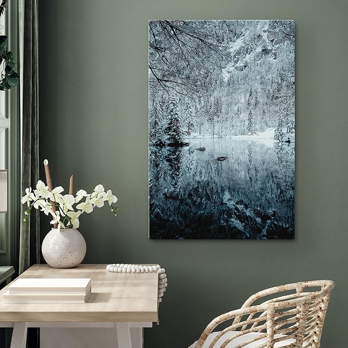 SIGNWIN Canvas Wall Art Woodland Nursery Decor Magical Winter Reflection Lake Nature Forest Photography Realism Rustic Scenic Dramatic Multicolor Cool for Living Room - 12"x18" inches