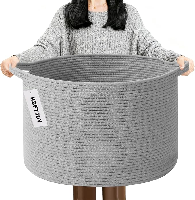 Large Blanket Basket for Organizing,65L Closet Organizers and Storage Bins Box for Shelves Woven Rope Storage Baskets,Living Room,Bedroom,Dorm,Laundry room (Light Grey)