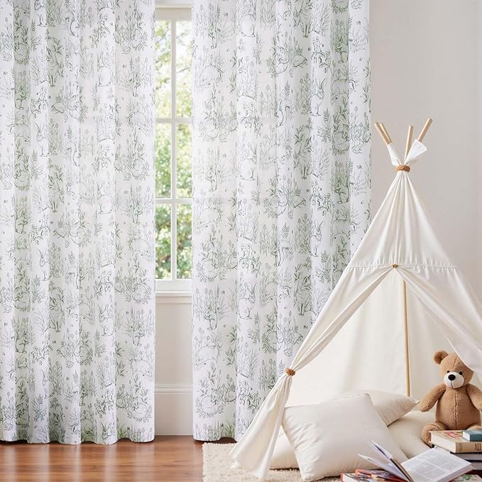 jinchan Linen Nursery Curtains 90 inch Long Woodland Wildlife Sage Green Print Drapes for Kid's Room Light Filtering French Country Farmhouse Curtains with Bunny and Forest Design Set of 2 Panels