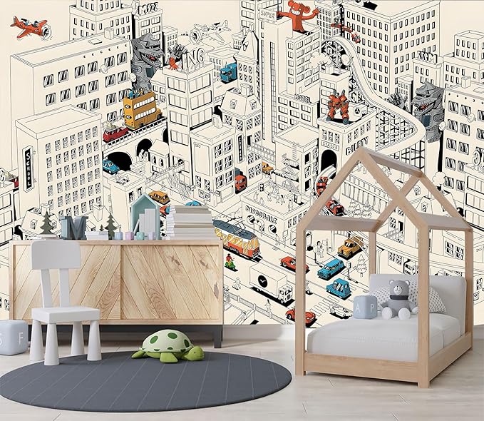 XMPMBM-Cartoon Comics City Nursery Room Fabric Wallpaper Kids Bedroom Hand-Painted Graffiti Wall Mural-W 132" X H 92"（93 Square Foot）