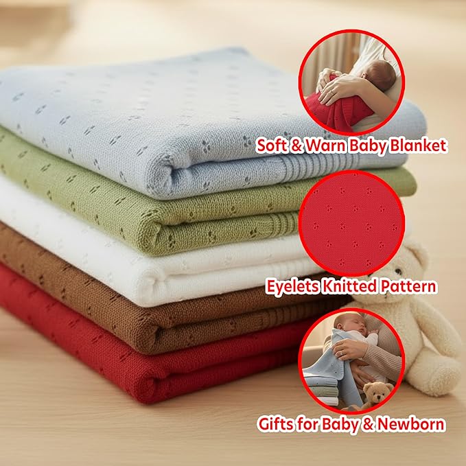 Baby Knit Blanket, 100% Cotton Eyelet Patterns, Soft, Cozy, Lightweight Swaddle for Newborn & Infant Swaddling Beige Neutral, Perfect Baby Shower Ideas Red 30x40
