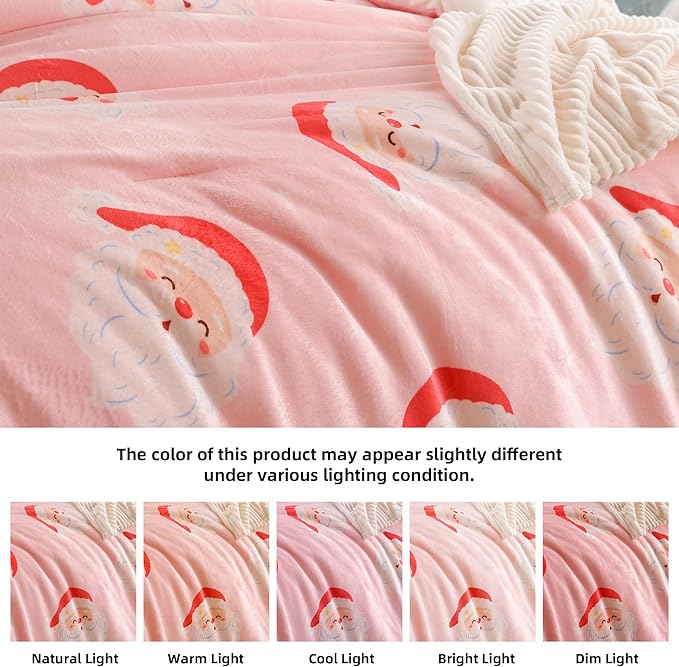 JANZAA Christmas Queen Comforter Set, Pink Flannel Comforter with Santa Pattern, Soft Cozy Lightweight Bedding Set Fluffy Comforter Set 1 Queen Comforter(90"*90") and 2 Pillowcases (20"*26")