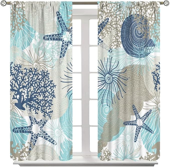 Coastal Curtains Ocean Beach Themed Room Darkening Window Curtain Nautical Coral Blackout Curtain for Bedroom Living Room Bathroom Nursery Set 2 Panels,42x54 Inches