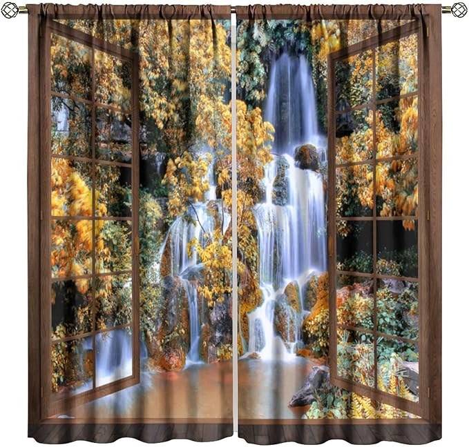 Waterfall Blackout Curtains, Waterfall Forest Landscape Wooden Window Print Pattern Window Drapes, for Bedroom Living Room 42" W X 54" L