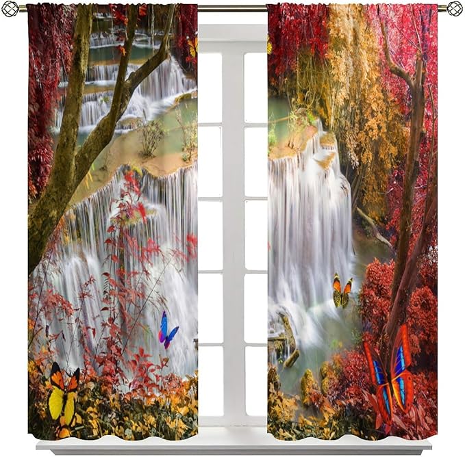 Landscape Blackout Curtains, Nature Forest Waterfall Butterfly Scenery Pattern Rod Pocket Window Drapes, for Bedroom Living Room 42" W X 54" L
