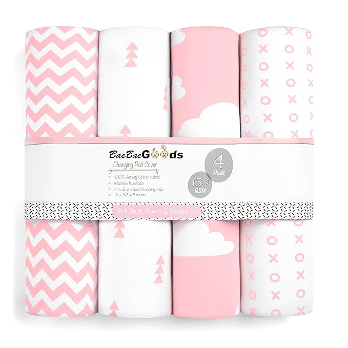 Premium Baby Changing Pad Covers 4 Pack – Girl – Pure Cotton Machine Washable Pink and White Changing Table Cover – Diaper Changing Pad Cover Sheets