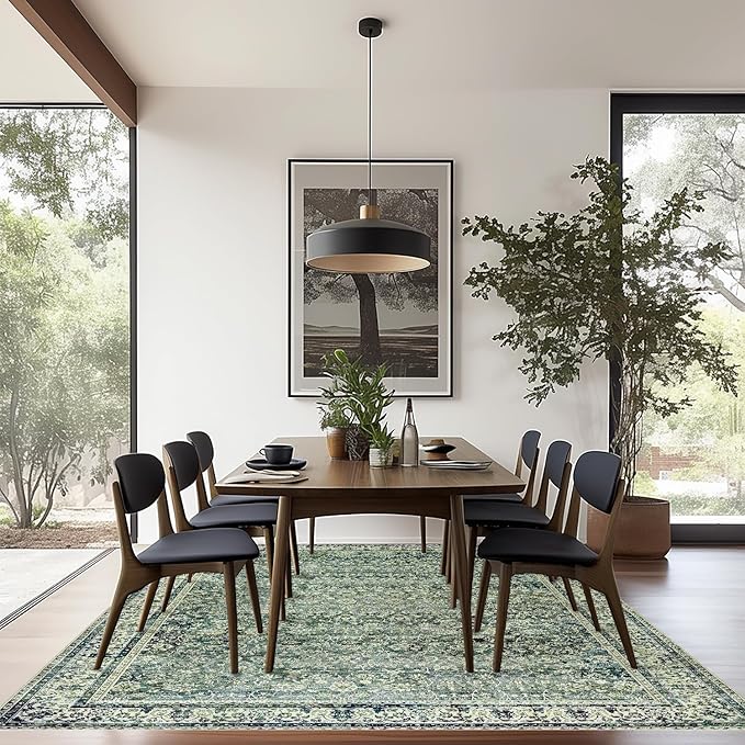 Dark Emerald Green Area Rugs 8x10 for Living Room,Washable Faux Wool Moody Floral Boho Vintage Oriental Indoor Large Carpet for Bedroom Under Bed Dining Room Under Table