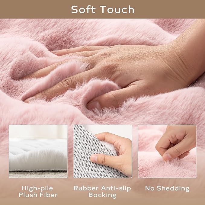 Ashler Faux Rabbit Fur Rug, Pink 4x6 FT Fluffy Soft Area Rug, Rectangle Fuzzy Carpet for Living Room, Bedroom, Machine Washable Shaggy Nursery Rug - 3D Bubble Rug
