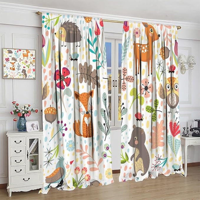 Jungle Animals Curtains, Cute Cartoon Animals Branches Blackout Window Treatments, Rod Pocket Thermal Insulated Drapes 2 Panel Sets for Kids Bedroom Nursery Classroom, 42" W X 63" L
