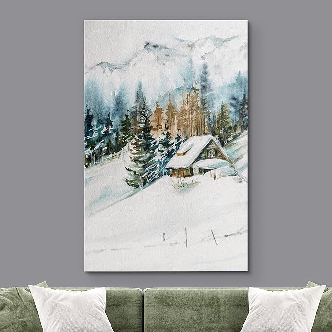 SIGNWIN Canvas Print Wall Art Woodland Nursery Decor Log Cabin Winter Snow Mountain Forest Nature Illustrations Modern Art Decorative Landscape Colorful for Living Room, Bedroom, Office - 24"x36"