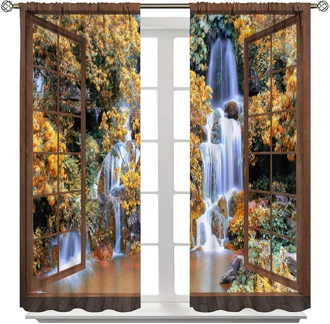 Waterfall Blackout Curtains, Waterfall Forest Landscape Wooden Window Print Pattern Window Drapes, for Bedroom Living Room 84" W X 84" L
