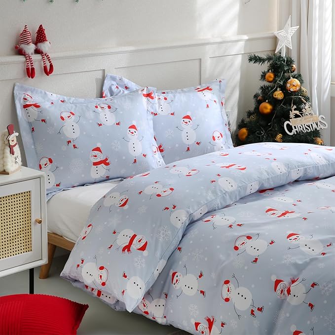 JSD Snowman Kids Duvet Cover Set Full Size, 3 Piece Blue Printed Christmas Microfiber Comforter Cover with Pillow Shams Zipper Closure, Comforter Not Included