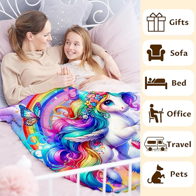 Girls Unicorn Blanket, Unicorn Throw Blankets Gift for Kids Teens Daughter Birthday 40x50 Inches Lightweight Cozy Cute Throw for Sofa Couch Bed Living Room Trip