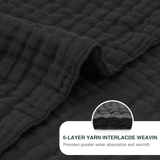 Love's cabin 6 Layer 100% Cotton Muslin Blanket, 108"x90" Muslin King Size Blanket for Bed Couch, Lightweight and Breathable Cotton Gauze for Adult, Black