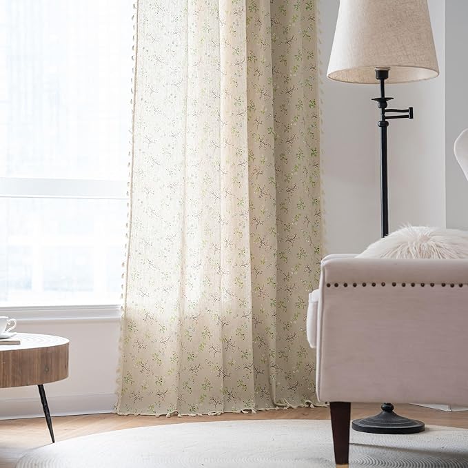 ENJOYBRIDAL Floral Farmhouse Curtains Semi-Blackout Living Room Drapes 96 Inch Length Cotton Linen Blend Bohemian Window Curtain Panels with Tassel Beige Rod Pocket Bedroom Drapes, 1 Panel