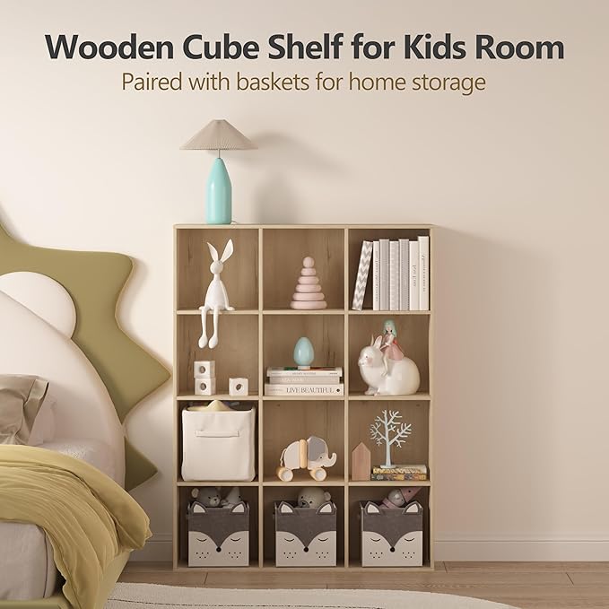 Bookshelf 9-Cube Storage Organizer, Sturdy Wooden Bookcase with Closed Back Panel, Multipurpose Display Shelf for Home Office, Bedroom, Study, 35.98" L x 9.45" W x 35.91" H, White Oak