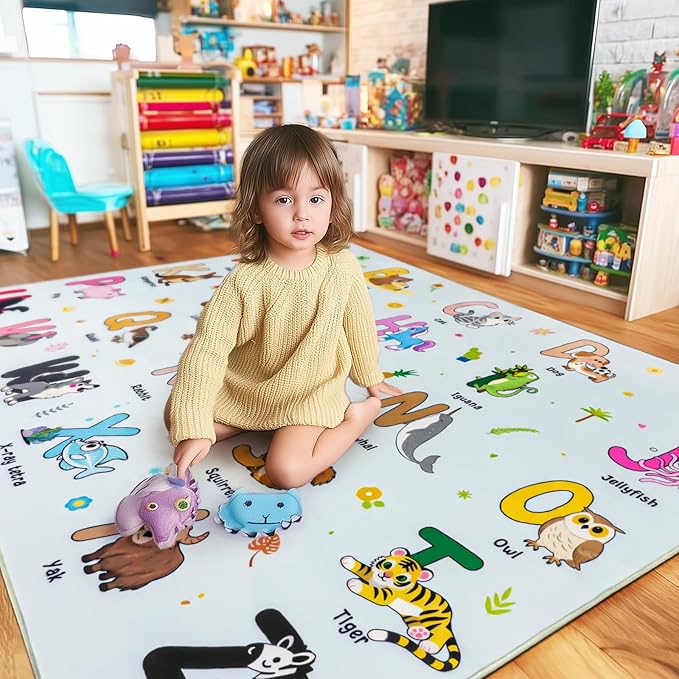 Kids Rugs for Playroom, 8x10 Ft Educational Rug for Learn The ABC Alphabet, Soft Machine Washable Non-Slip Cute Cartoon Animals Carpet for Classroom Toddler Nursery Kids Room Decor, Blue