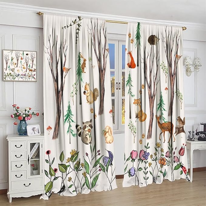 Forest Animal Kids Curtains, Watercolor Cartoon Window Treatments, Cute Animal Floral Girl Toddler Home Bedroom Living Room Drapes 42x45 Inch