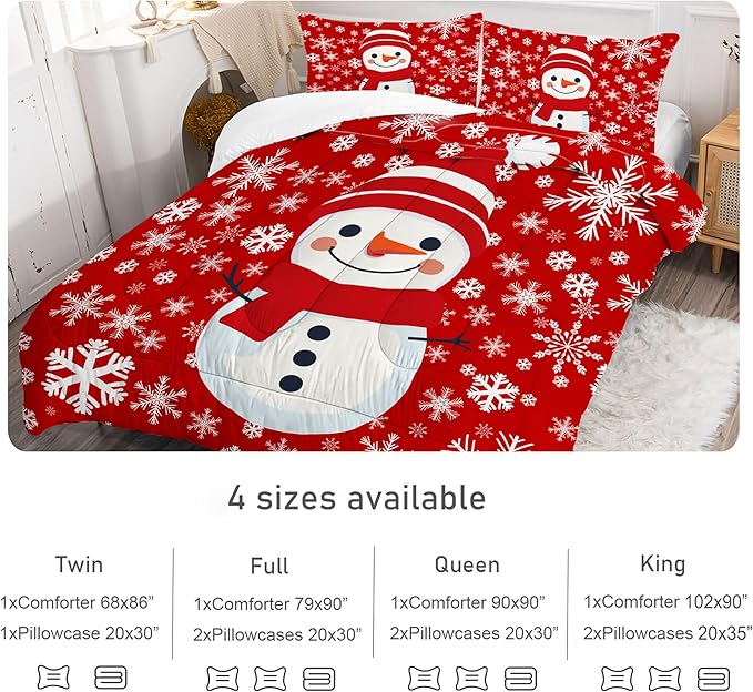 Christmas Comforter Set King: Christmas Snowman Red Bedding Sets King Size for Teen Girls Women Bedroom Xmas Snowflakes Quilt Winter Snow 3 Piece Bed Set 1 Comforter & 2 Pillowcases