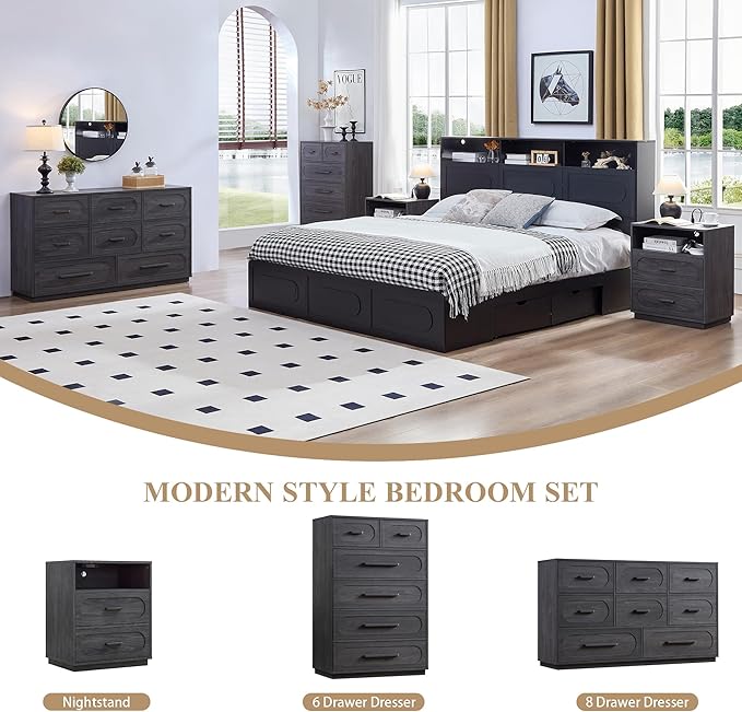 Grey Nightstand with Charging Station, Modern End Table with 2 Drawers Storage, Space-Saving Wood Storage Cabinet with Unique Base Design, Bedside Table for Bedroom, Living Room