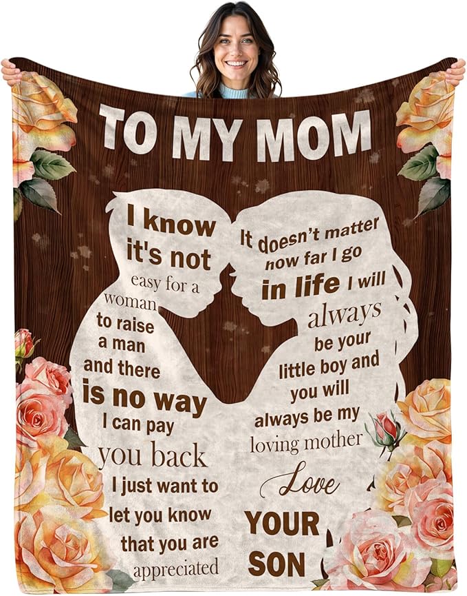 Gifts for Mom from Son, I Love You Mom Blanket, Mother Gifts for Christmas Thanksgiving, Soft Flannel Blanket for Mother for Birthday Mothers Day 50" x 60"