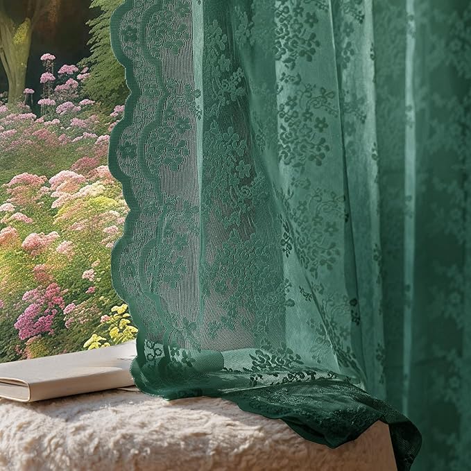 Anmao Vintage Lace Curtains 108 Inches Long 2 Panels, Romantic Semi Sheer Floral Lacy Curtain for Living Room, Elegant Window Drapes for Bedroom, Each Panel 55W x 108L, Turquoise