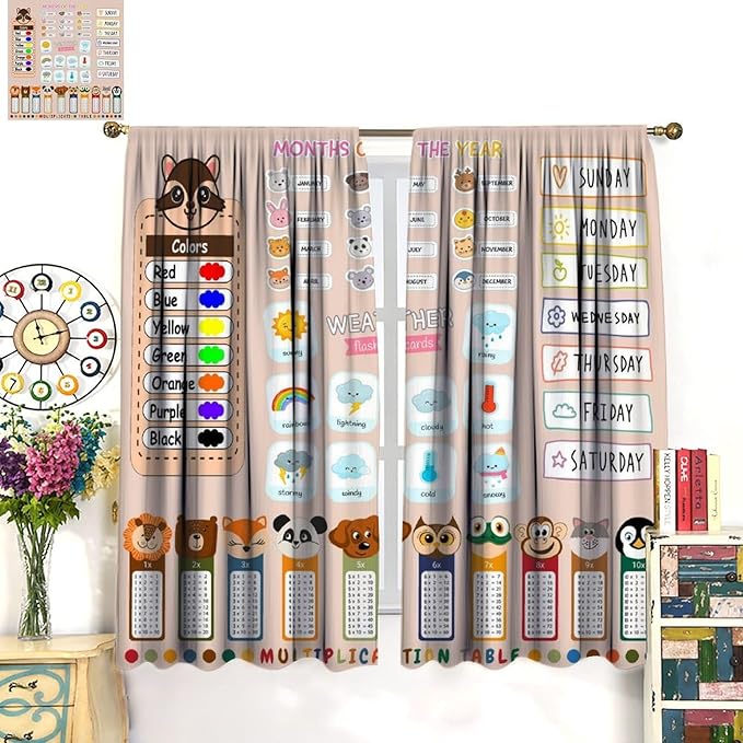 Funny Kids Educational Alphabet Curtain Cartoon Colorful Weather Multiplication Table Printed Rod Pocket Blackout Window Treatments for Bedroom Living Room 55" W X 63" L
