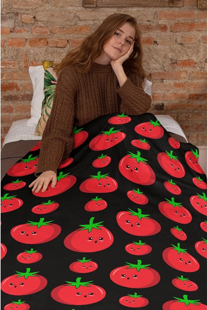 Thuswarm Cute Tomato Kawaii Black Flannel Throw Blanket Warm Cozy Soft Funny Print Blankets for Bed Couch Sofa Room Decoration Gifts 120”×90” Extra Large for Family