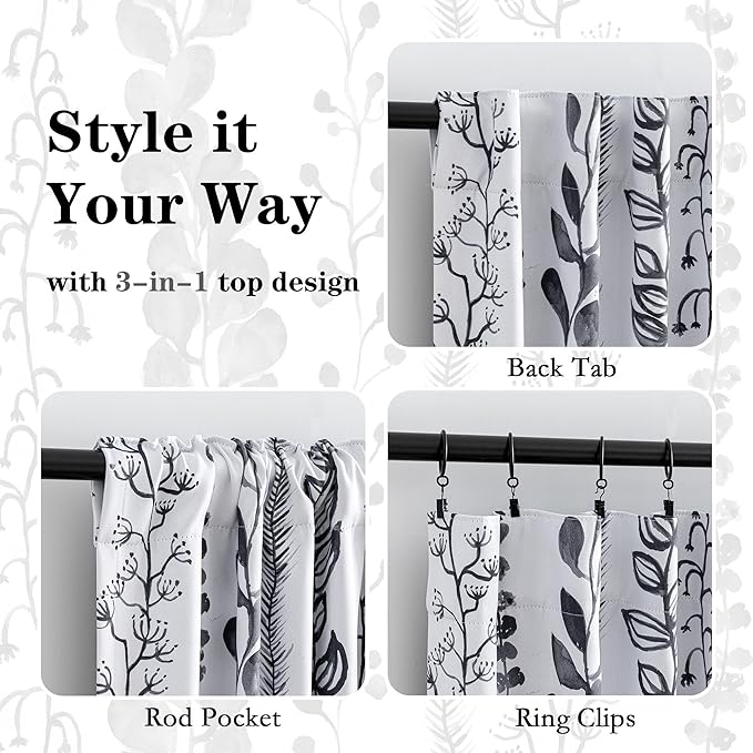 MEETSKY Boho Blackout Leaves Patterned Curtains 95 Inch Long 2 Panels Set for Bedroom, Room Darkening Dark Grey Drapes for Living Room, Thermal Insulated Rod Pocket Back Tab Window Treatment, 50"Wide
