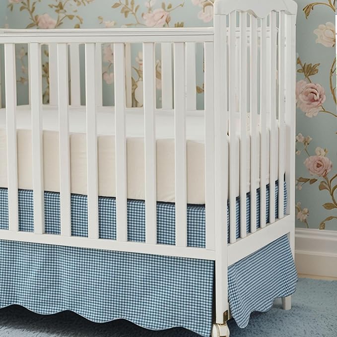 Brandream Scallop Edge Cotton Crib Skirt Toddler Bedskirt Baby Nursery Crib Bed Skirt Boho Bohemian Neutral Solid Color Farmhouse Chic Vintage Blue Gingham Bohemian Nursery Decor Skirt