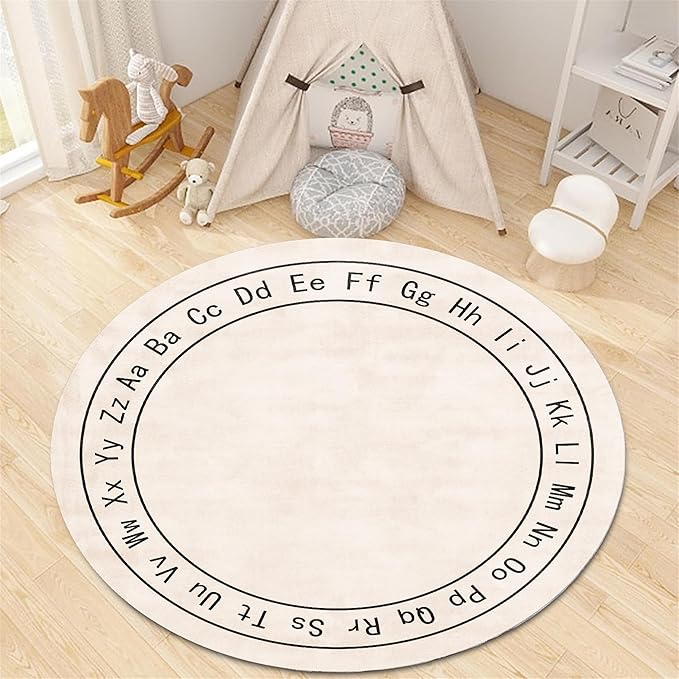 Children's Room Round Rug,3.3ft,Children's ABC Letter Educational Learning Round Rug, Non-Slip Washable Children's Room Play Rug, Suitable for Bedroom, Playroom, Boys and Girls Room Decoration