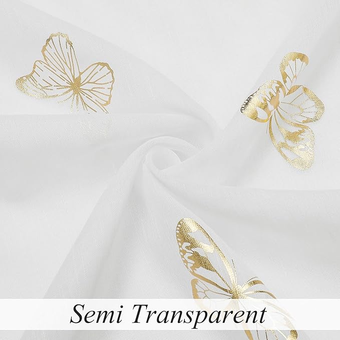 Jubilantex Butterfly White Sheer Curtain Panels for Kids Nursery Girl, Gold Print Toddler Linen Textured Voile Rustic Rod Pocket Drapes 63 Inch for Farmhouse, Living Room, Bedroom, 2 Panels