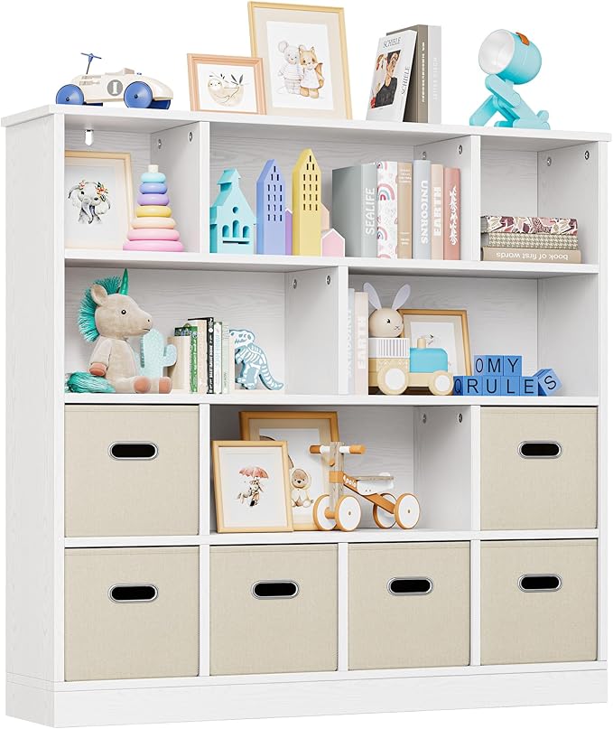 IRONCK Toy Storage Organizer with 6 Bins, Wooden 4-Tier Floor Standing Open Bookshelf Storage Cubby, 12-Cube Storage Shelf Bookcase, Kids Bookshelf and Toy Storage, Beige