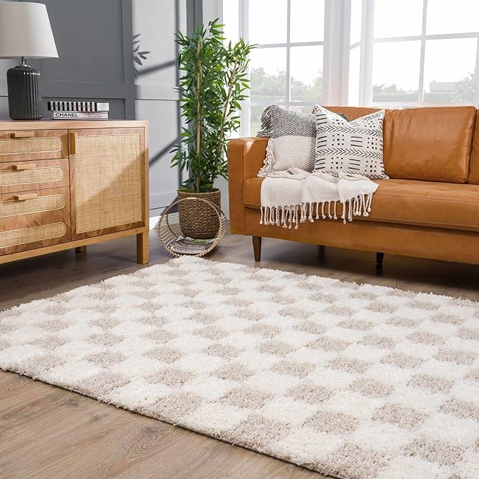 BoutiqueRugs Atira Checkered Shag Runner Rug - Cream, Light Beige, Light Brown - 2'7" x 13'11" Runner