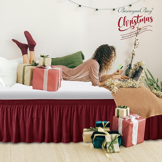 Biscaynebay Wrap Around Bed Skirts for Queen Beds 15" Drop, Burgundy Adjustable Elastic Dust Ruffles Easy Fit Wrinkle & Fade Resistant Silky Luxurious Fabric Machine Washable